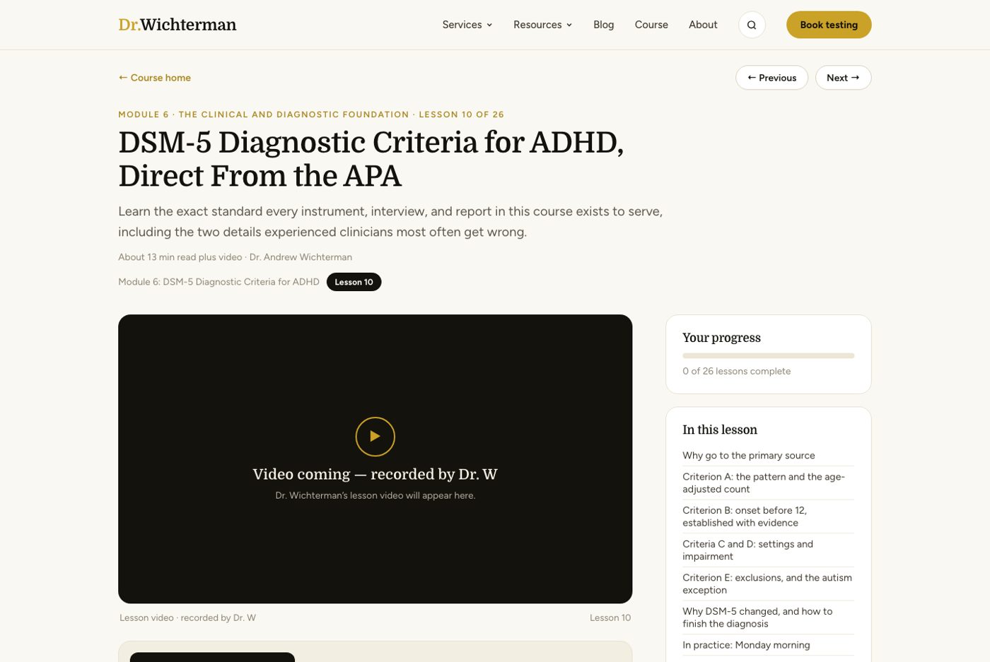 A lesson inside ADHD Testing Made Simple: video, written lesson, and progress tracker
